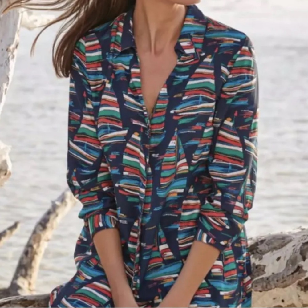 Soft Surroundings Sail Away Sailboat Novelty Print Blouse Nautical Vacation